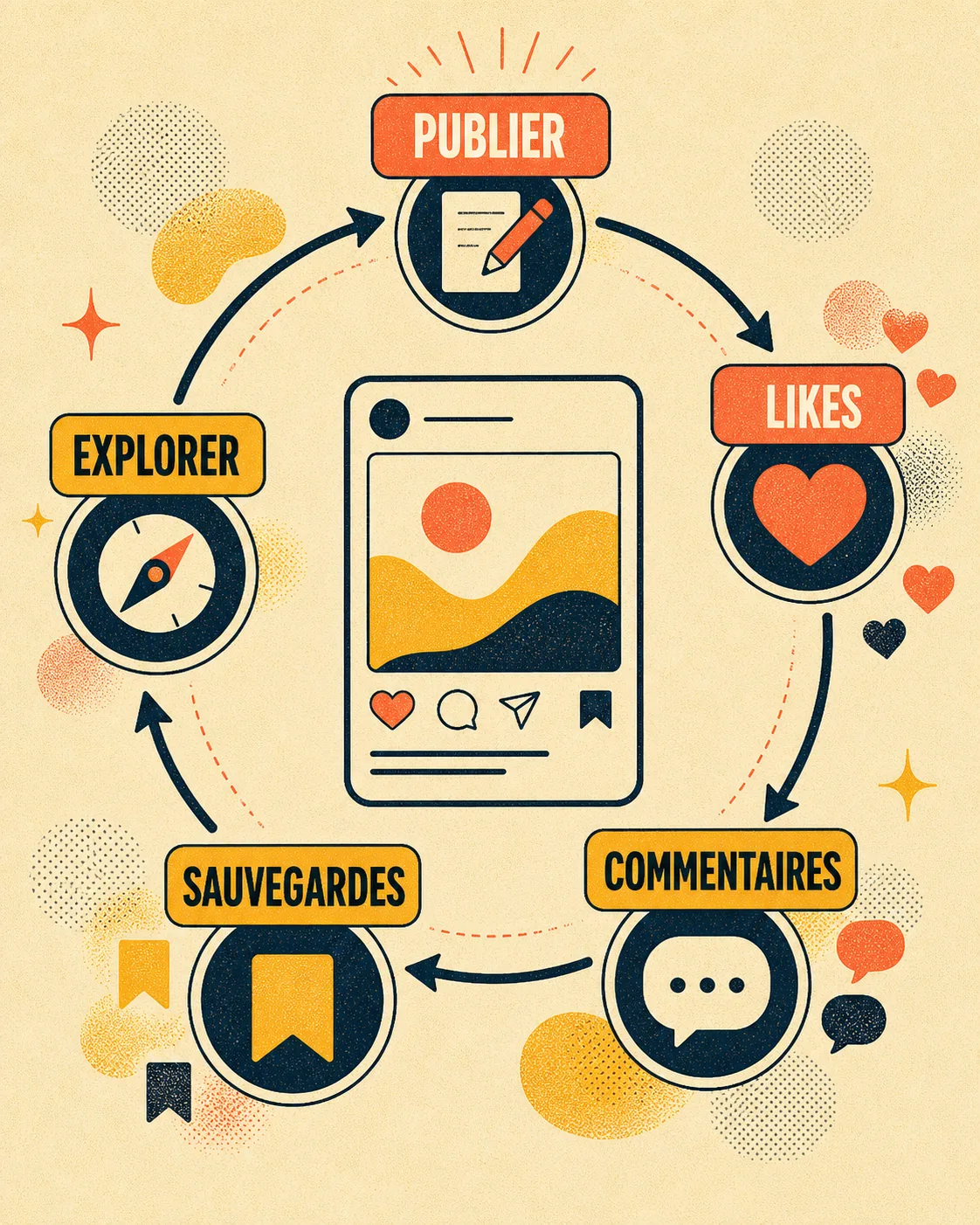 Infographie Instagram avec les labels Publier, Likes, Commentaires, Sauvegardes et Explorer.