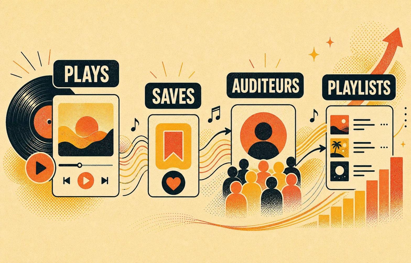 Infographie Spotify avec les labels Plays, Saves, Auditeurs et Playlists.